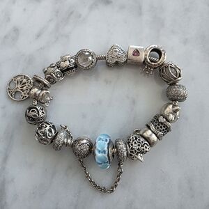Pandora Silver Bracelet with 17 Blue and Pink Charms
